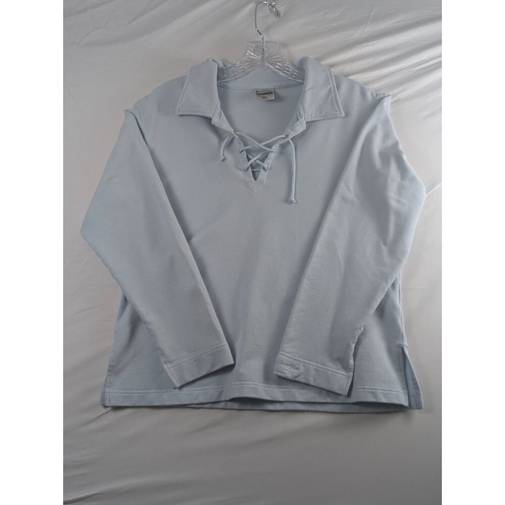 Columbia Womens Large Lace-Up Pullover Shirt Light Blue Long‎ Sleeve Top Polo